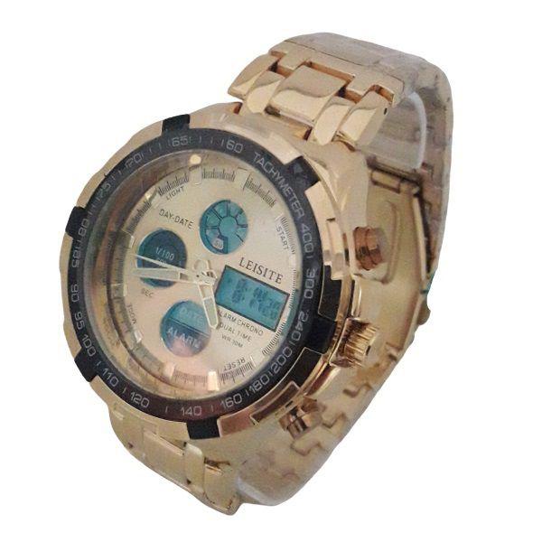 Relógio Masculino Aço Inoxidável Dourado Luxo Exclusivo Resistente Água + Caixa - Leisite