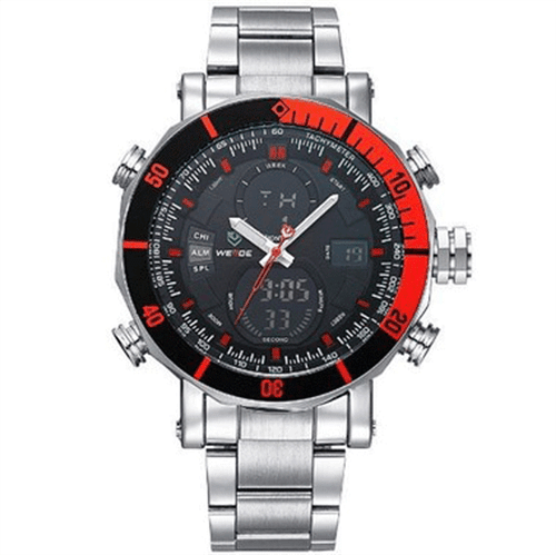 Relógio Masculino Anadigi Weide Casual WH-5203 Prata e Vermelho