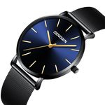 Relógio Masculino Black Design Quartzo Pulseira Malha De Aço Fundo Azulado