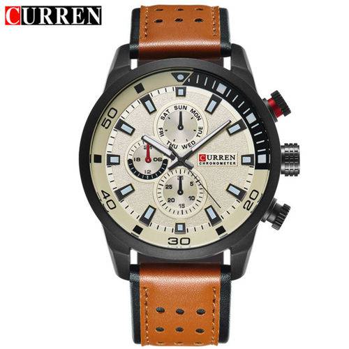 Relógio Masculino Casual Curren Casual 8250 Fundo Branco Couro