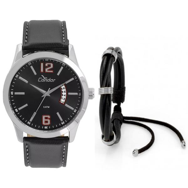 Relógio Masculino Condor Preto com Pulseira de Couro Kit Co2115ksv/k2p