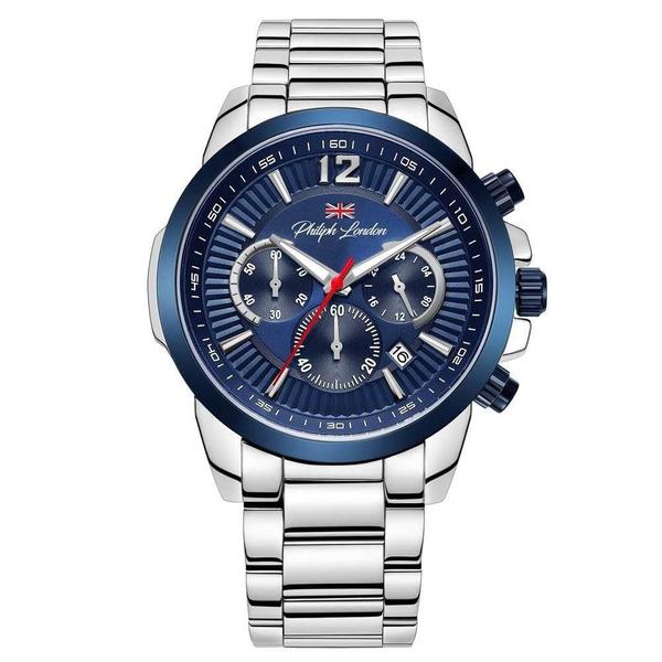 Relógio Masculino Cronógrafo Prata e Azul PL80033633M - Philiph London