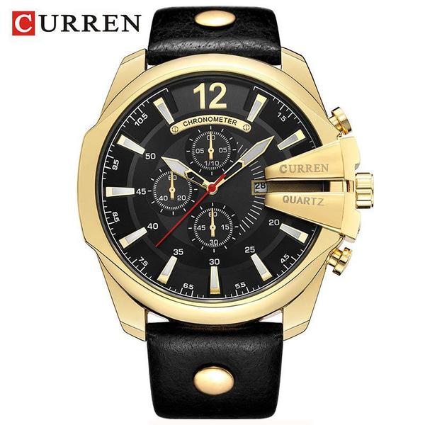 Relógio Masculino Curren 8176 BG Pulseira em Couro Preto e Dourado