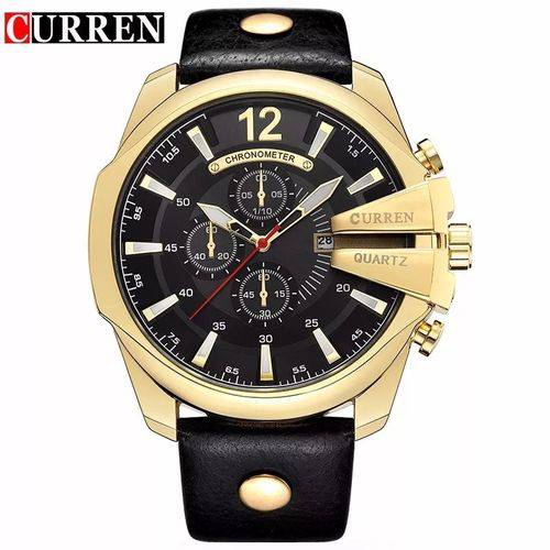 Relógio Masculino Curren 8176 Dourado Bracelete Couro Preto