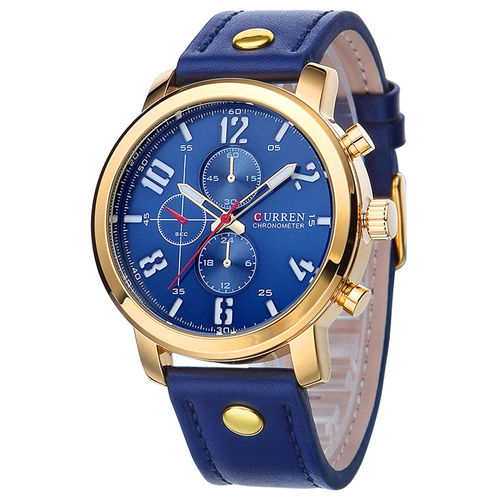 Relógio Masculino Curren 8192 Azul Dourado Pulseira de Couro