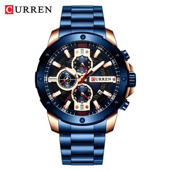 Relógio Masculino Curren 8336 BE Pulseira em Aço Inoxidável Azul e Dourado