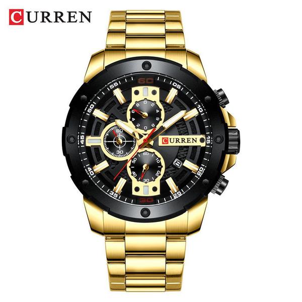 Relógio Masculino Curren 8336 GB Pulseira em Aço Inoxidável Dourado e Preto