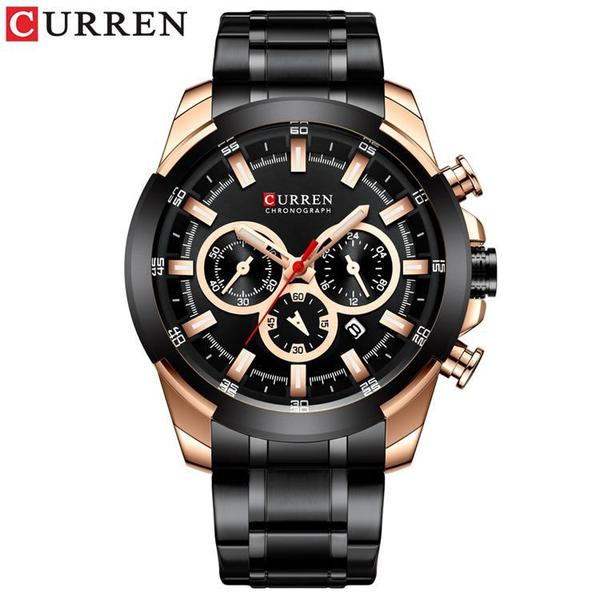 Relógio Masculino Curren 8361 BRG Pulseira em Aço Inoxidável Preto e Dourado