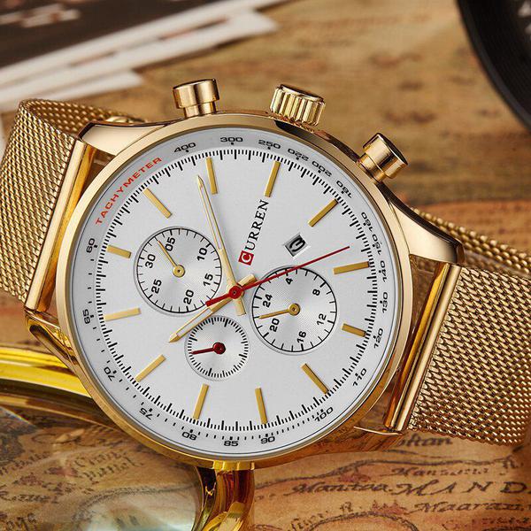 Relógio Masculino Curren 8227 Bracelete Dourado Branco