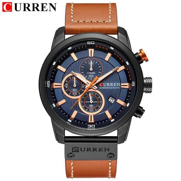 Relógio Masculino Curren 8291 BBE Pulseira em Couro Preto e Azul