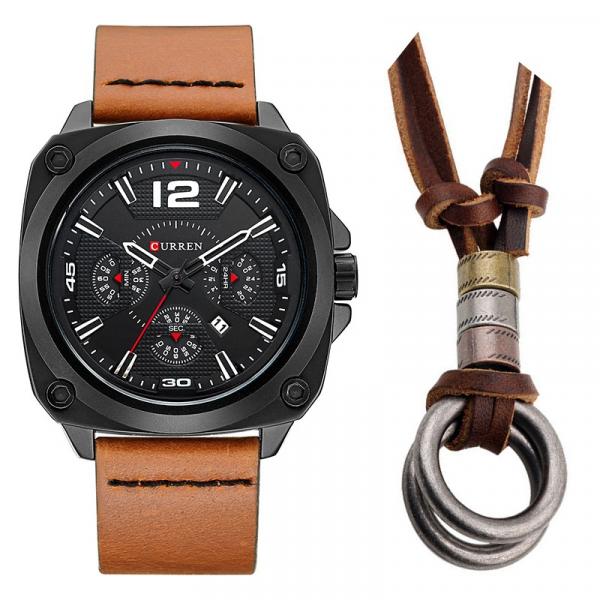 Relógio Masculino Curren Casual Pulseira em Couro e Colar