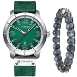 Relógio Masculino Curren Prata E Verde + Pulseira Bolinhas