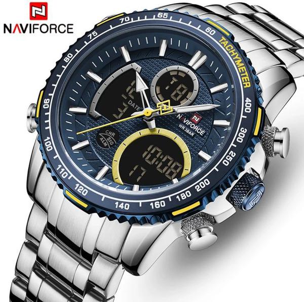 Relógio Masculino de Luxo Importado Naviforce Nf9182 Original Funcional Cor Prata Silver Fundo Azul