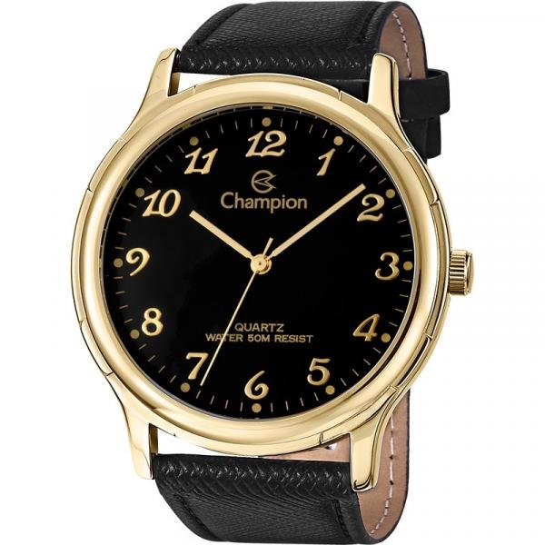 Relógio Masculino Dourado Champion Pulseira de Couro Preta