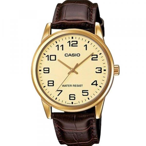 Relógio Masculino Dourado Couro Marrom Casio MTPV001GL-9BUDF