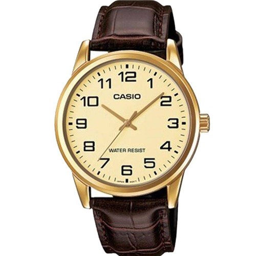 Relógio Masculino Dourado Couro Marrom Casio MTPV001GL-9BUDF