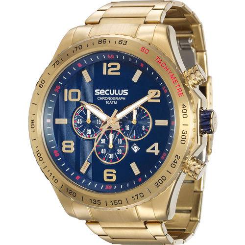 Relogio Masculino Dourado Fundo Azul Cronógrafo Seculus