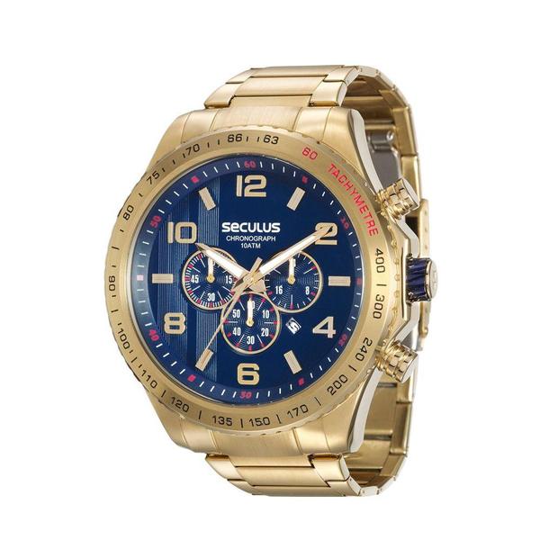 Relogio Masculino Dourado Fundo Azul Cronógrafo Seculus