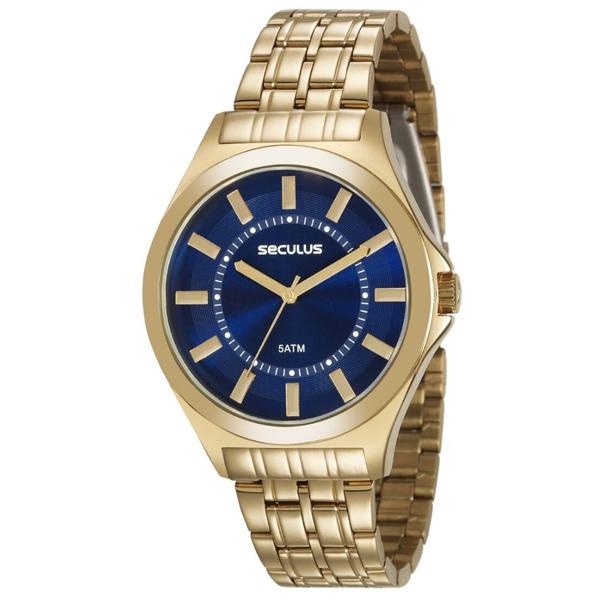 Relógio Masculino Dourado Fundo Azul Seculus Original + NF