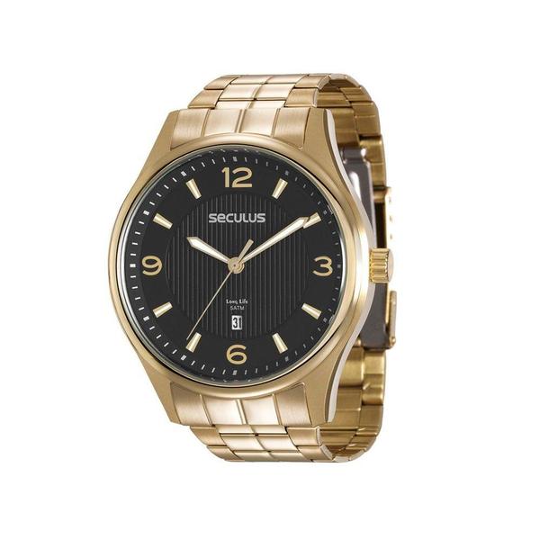 Relogio Masculino Dourado Fundo Preto com Data Seculus