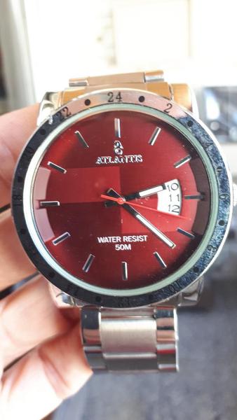 Relógio Masculino Dourado Luxo Atlantis G3242 Calendário Vermelho com Prata