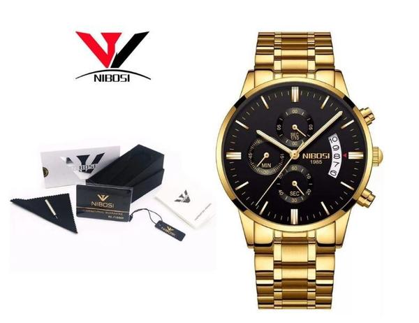 Relógio Masculino Dourado Luxo Nibosi 2310 Original Prova D'agua Funcional Dourado Gold