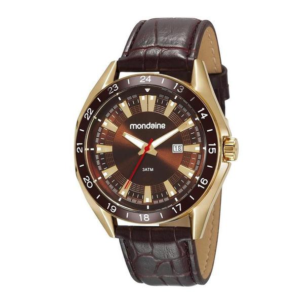 Relogio Masculino Dourado Mondaine Couro Marrom Data 83391GP