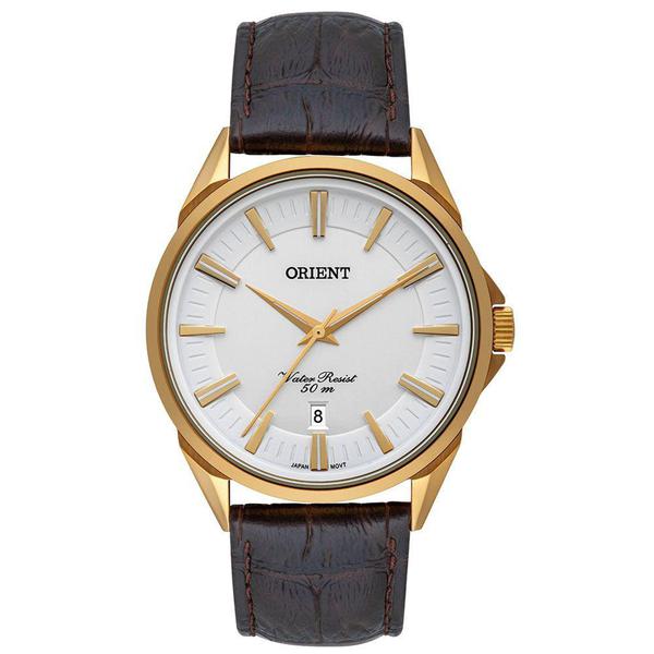 Relógio Masculino Dourado Orient com Data Pulseira Couro+NF