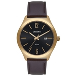 Relógio Masculino Dourado Orient Pulseira Couro Marrom Data