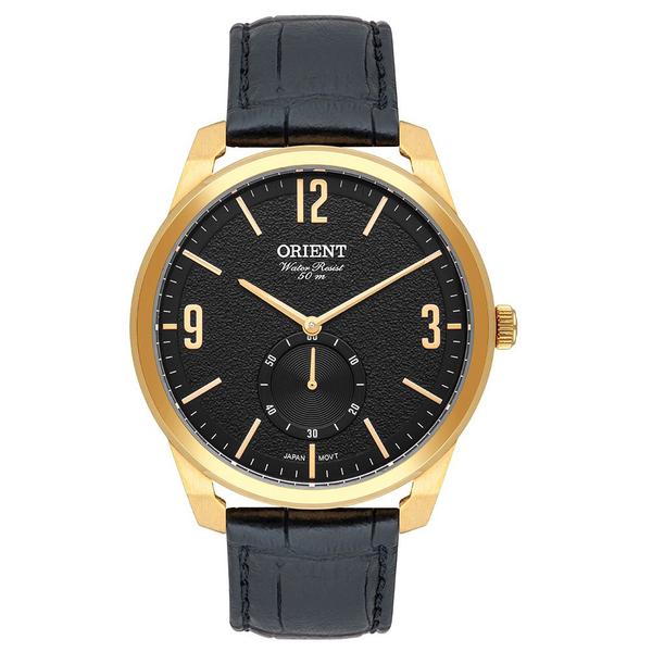 Relógio Masculino Dourado Orient Pulseira Couro Preto + NF