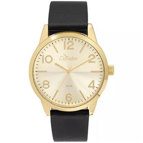 Relogio Masculino Dourado Pulseira de Couro Preto Condor