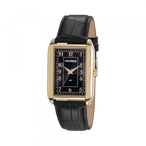 Relogio Masculino Dourado Quadrado Preto Pulseira Couro - Mondaine