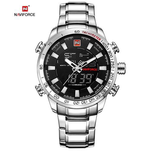 Relógio Masculino Esportivo Analógico Digital Aço Inox 30m - Prata - Naviforce