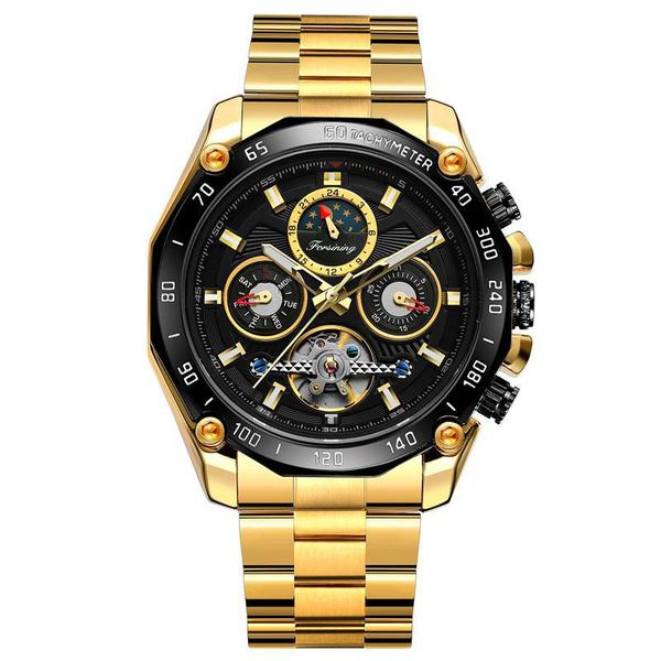 Relógio Masculino Forsining 6913 Luxo Pulseira Aço - Dourado