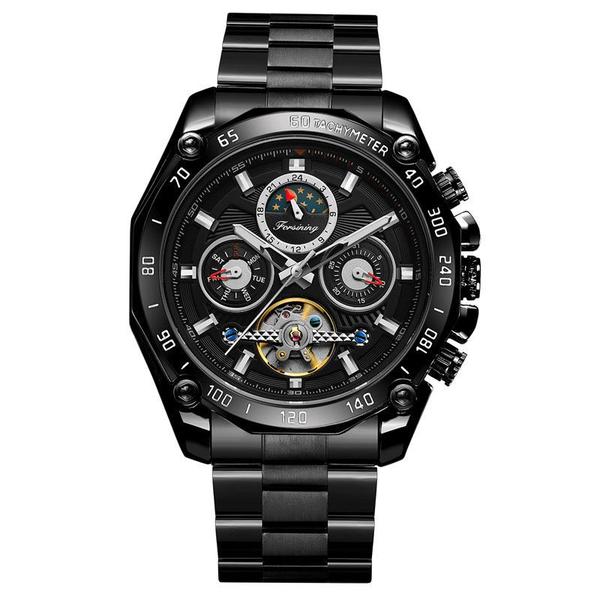 Relógio Masculino Forsining 6913 Luxo Pulseira Aço - Preto