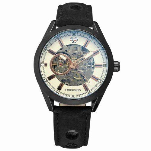 Relógio Masculino Forsining Original Pulseira Couro Preto Caixa Preto Fundo Ouro Esporte Cowboy Máquina Aparente Mecânico Automático (bto)