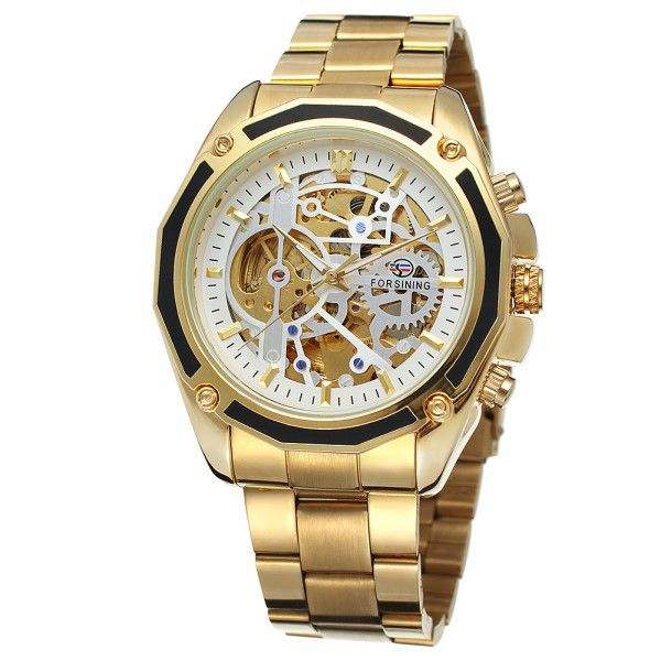 Relógio Masculino Forsining Pulseira Aço Inoxidável Ouro CX Ouro FD Branco Esporte Militar Esqueleto Automático (BTO)