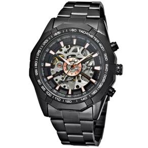 Relógio Masculino Forsining Pulseira Aço Inoxidável Preto CX Preto FD Prata Esporte Militar Esqueleto Analógico Automático (BTO)