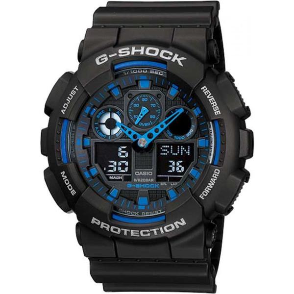 Relógio Masculino G-Shock Fundo Preto com Azul a Prova D'Água Anadigi GA-100-1A2DR Garantia de um Ano - Casio