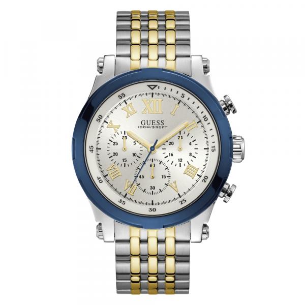 Relógio Masculino Guess Aço Prata e Dourado, Aro Azul e Index Romano 92700GPGSBA1 Cronógrafo