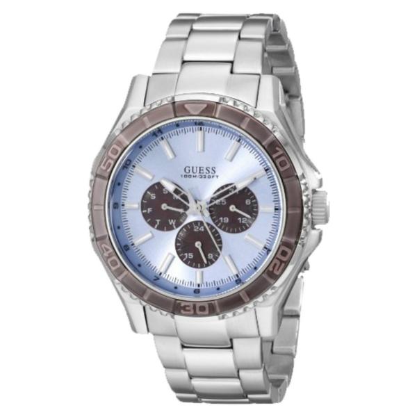 Relógio Masculino Guess Aço Prata, Fundo Colorido Azul Claro e Aro Marrom 92564G0GSNA1 Multifunção