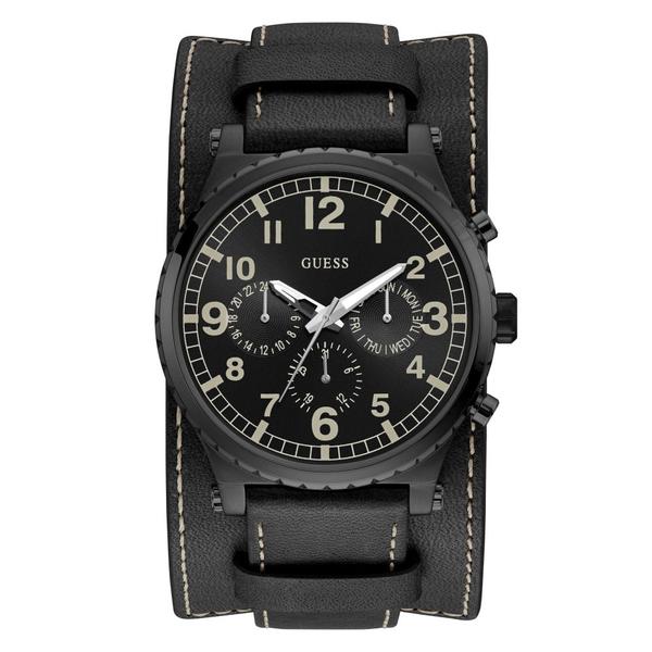 Relógio Masculino Guess Pulseira de Couro Duplo, Mostrador Preto e Index Numérico Dourado 92735GPGTPC2 Cronógrafo