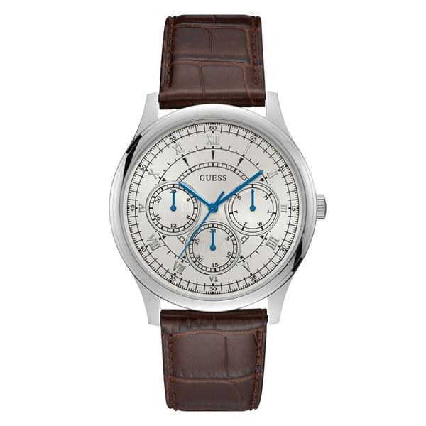 Relógio Masculino Guess Pulseira de Couro Marrom, Mostrador Prata Degradê e Ponteiros Azuis 92724G0GDNC2 Multifunção