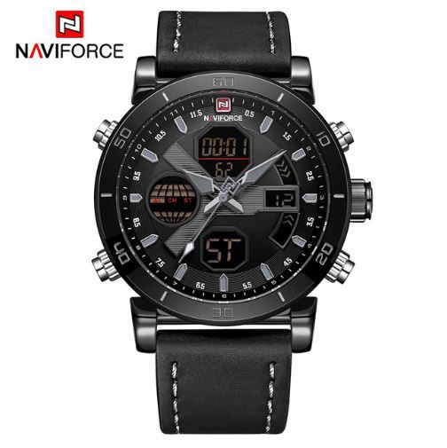 Relógio Masculino Inox Pulseira Couro 30m - Preto e Grafite - Naviforce