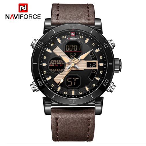 Relógio Masculino Inox Pulseira Couro 30m - Preto e Marrom - Naviforce