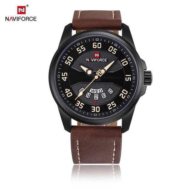 Relógio Masculino Inox Pulseira Couro 30m - Preto e Marrom - Naviforce