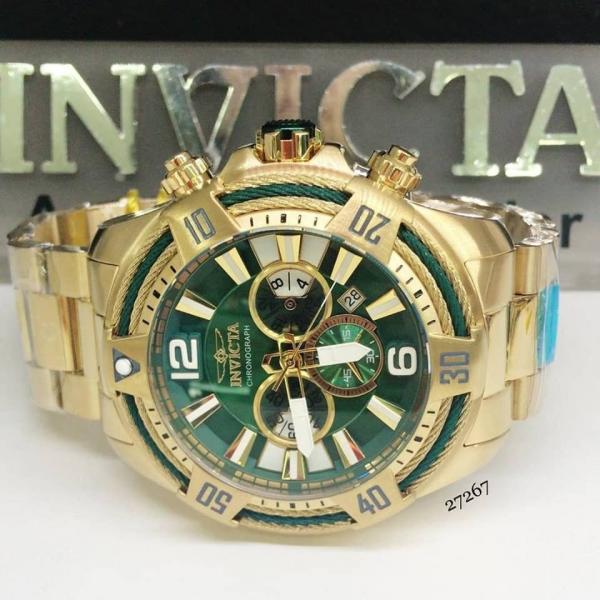 Relógio Masculino Invicta Modelo 27267 Dourado Verde Caixa Capacete Ed. Especial