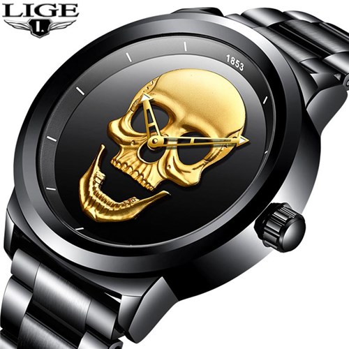 Relógio Masculino Lige Skull 3D Inox | FRETE GRÁTIS / PRETO