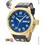 Relógio Masculino Magnum Ma32765a Dourado Com Calendário Em Couro Fundo Azul