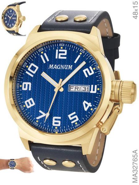 Relógio Masculino Magnum Ma32765A Dourado com Calendário em Couro Fundo Azul